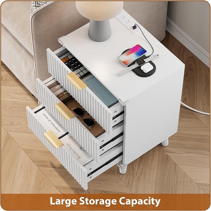 Wood Nightstands Set of 2 w/Charging Station, 3 Drawers Fluted Dresser | White - Image 5