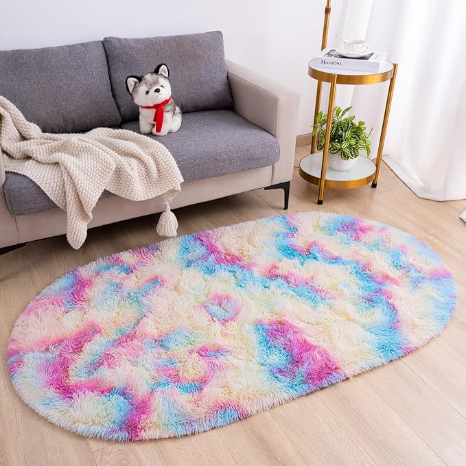 Goideal Fluffy Bedroom Rug, Small Oval Area Rugs, Rainbow Shag Bedside Carpet - Image 2