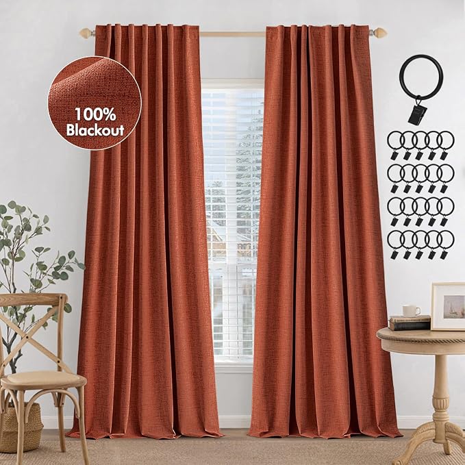 MIULEE 100% Blackout Fall Linen Curtains & Drapes W52 x L90 Inch Terracotta | 2 by MIULEE