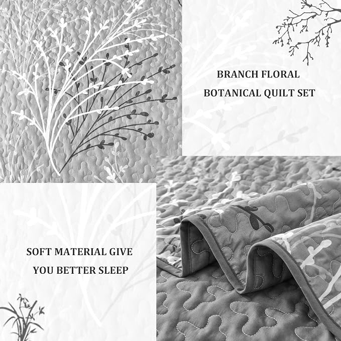 DJY Grey Quilt Set Full Size, Branch Botanical Bedspread Coverlet | 3 Piece - Image 4