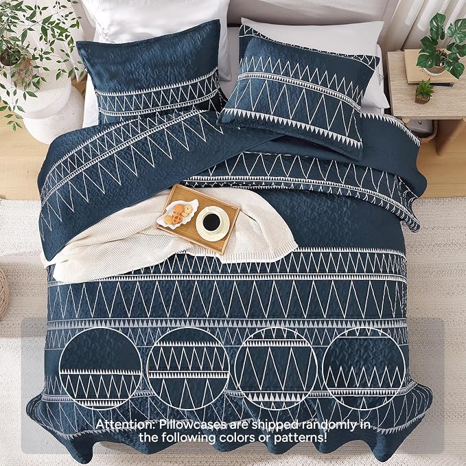 Navy California King Quilt Set, 3 Pieces Boho Striped Bedspread | Soft - Image 3
