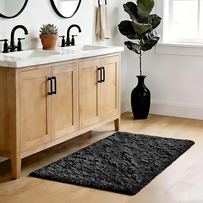 Black 2x6 Area Rugs for Bedroom, Fluffy Shag Rug Small Rug Bedside Carpet | - Image 3