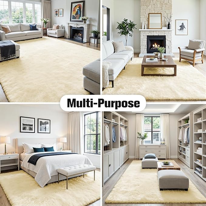 5x7 Fluffy Area Rug for Living Room: Non-Slip Cream White Bedroom Carpet | - Image 9