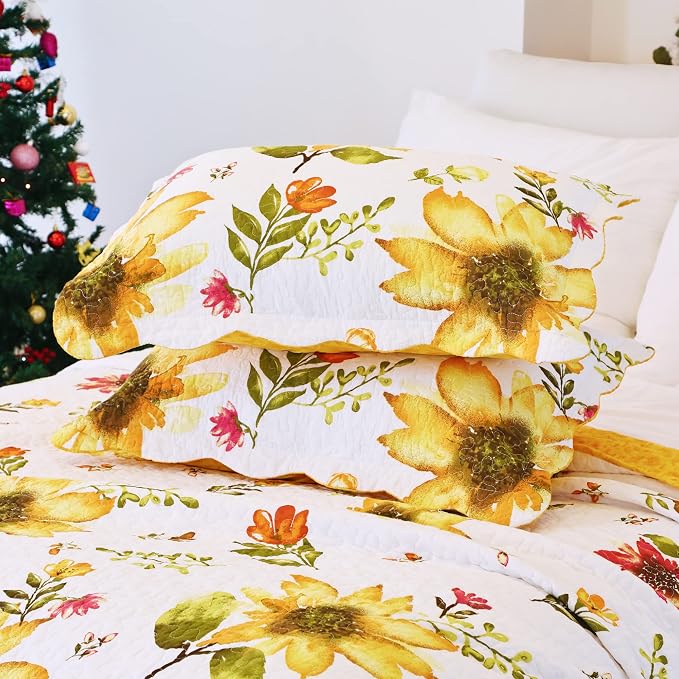 EVENHUG 100% Cotton Quilt Queen Size Yellow Sunflower Bedding Set Floral - Image 9