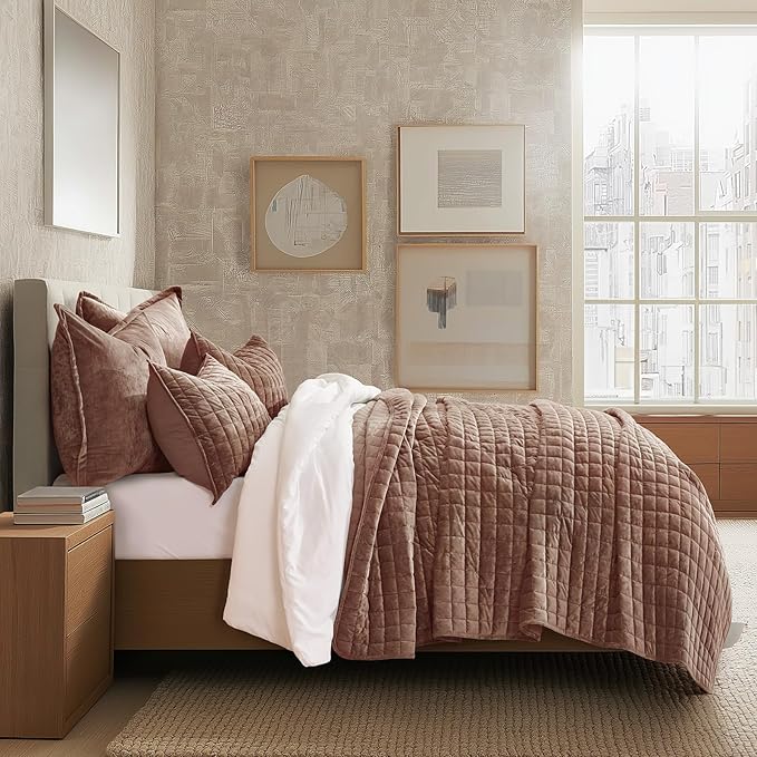 RECYCO Channel Box Stitch Velvet Quilt Set, King Size, Terracotta Clay | Ultra - Image 3