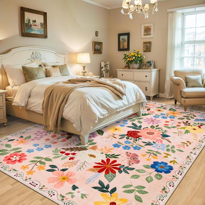 PLHXFR Area Rug Living Room: 4x6 Floral Washable Boho Soft Carpet Beige | - Image 3