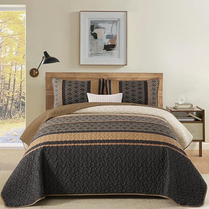 Dinjoy Boho Queen Quilt Set, Striped Bedspread Queen Size, 3 Pieces Micofiber - Image 2