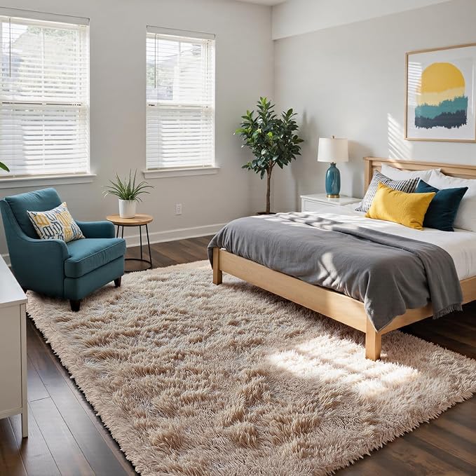Beige 5x8 Area Rugs for Living Room, Fluffy Shag Rug Bedroom Carpet | Upgraded - Image 2