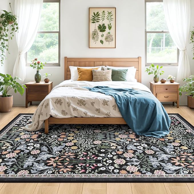 PLHXFR 8x10 Area Rug Living Room: Floral Washable Boho Carpet Dark Black | - Image 3
