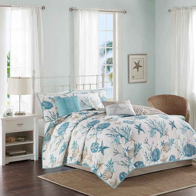 Madison Park Cotton Coastal Starfish Aqua Queen Quilt Set, Down Alternative by MADISONPARK