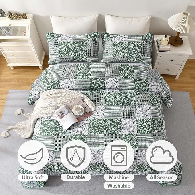 Mybedsoul Green Quilt Set Full Size, Patchwork Reversible Bedding Set | Soft - Image 3