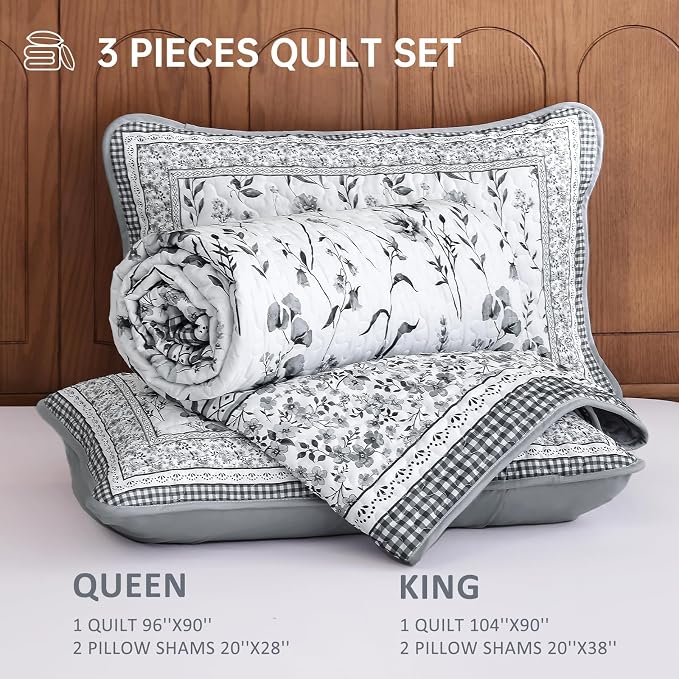 WONGS BEDDING Floral Quilt Set King, Microfiber Lightweight Farmhouse Bed Cover - Image 7