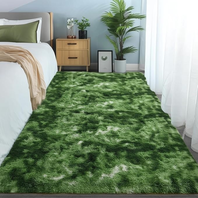 Fluffy Moss Green Rugs for Living Room 5x8, Modern Bedside Carpets, Plush - Image 3