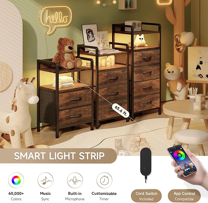 Lazzanto Nightstand with Rear Charging Station, LED Light, 3 Drawers, 2 USB-A - Image 4