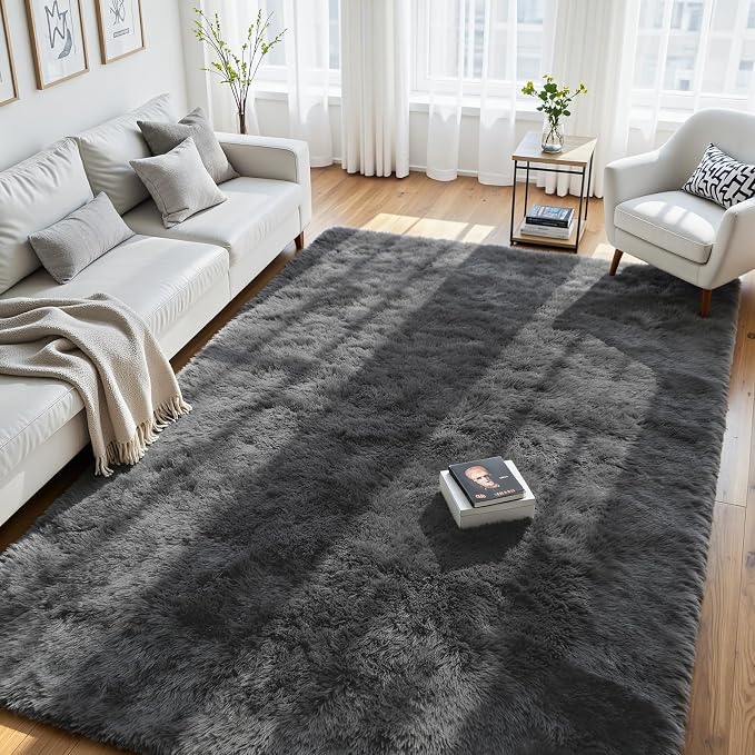 5x8 Fluffy Area Rug for Living Room: Soft Non-Slip Grey Shag Bedroom Carpet | by Oriannal