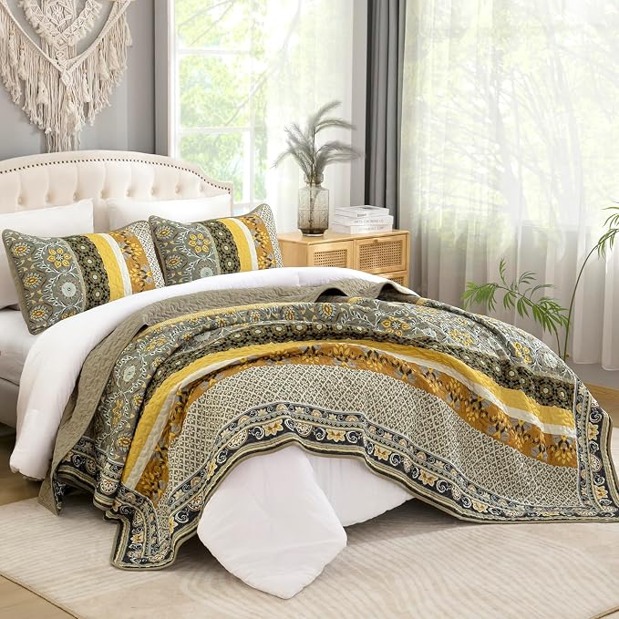 Yiran Quilts King Size, Taupe Yellow Boho Vintage Bedspreads Bedding Set | Fall - Image 7