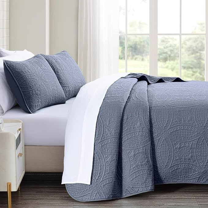 akkialla King Size Quilt Set, Bluish Grey Ultrasonic Bedspread, Lightweight - Image 3