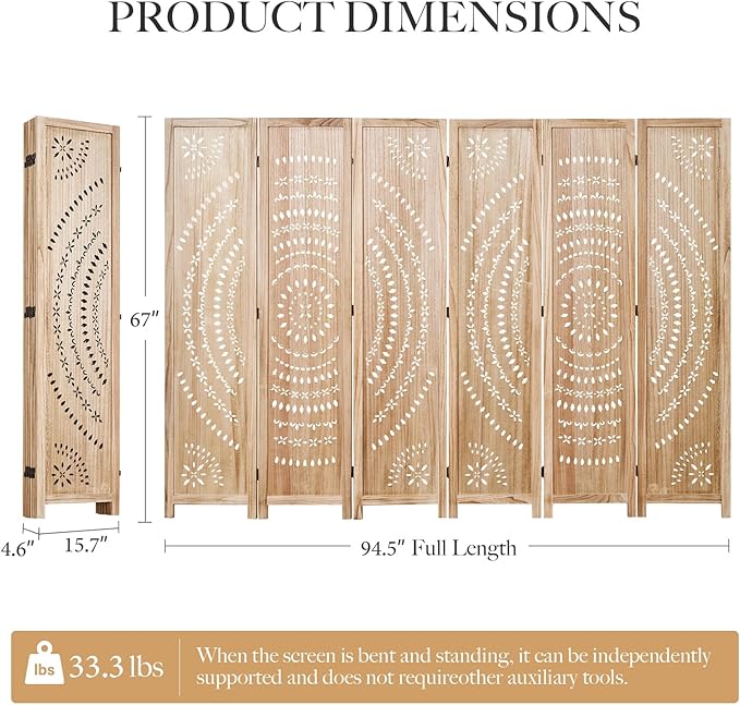 66.9Inch Folding Room Divider, 6 Panels Wood Carved Privacy Screens, Free - Image 5