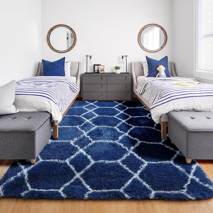 Large 6x9 Area Rugs for Living Room, Fluffy Geometric Navy and White Rug for - Image 7
