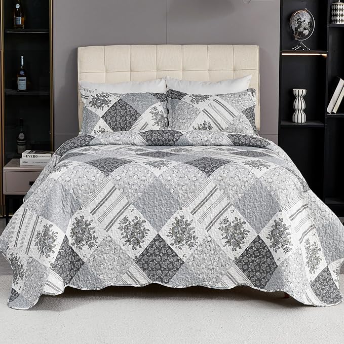 Cmfshape Summer Floral King Bedspread, Romantic Grey Quilt Set King, Reversible by cmfshape-quiltset