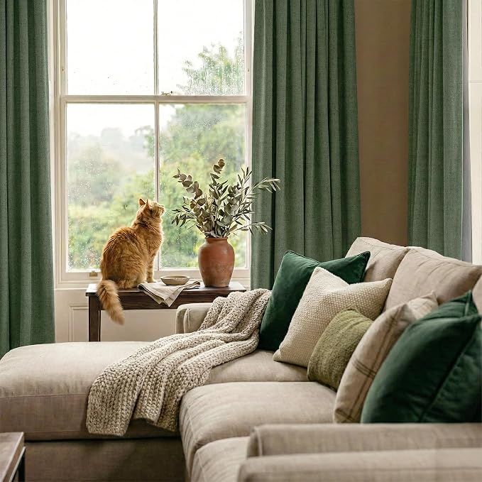 RYB HOME Olive Green 100% Blackout Linen Curtains 108 Inch - Image 6