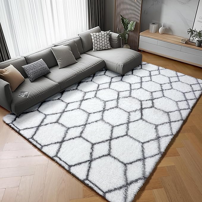 Area Rugs for Living Room, 7x10 Fluffy White and Grey Rug for Bedroom, - Image 6