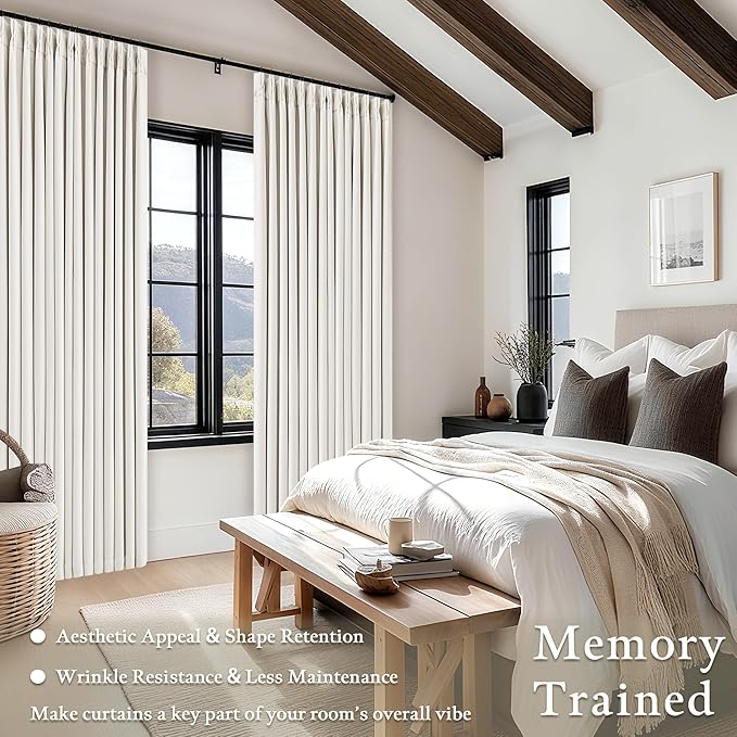 Pinch Pleated Blackout 102 Inch Bedroom Curtains Ivory Linen Dual Layer | - Image 5
