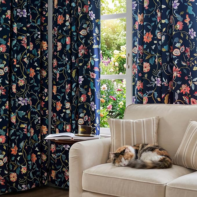 jinchan Dark Blue Floral Blackout Curtains 96 Inch Back Tab 2 Panels | Room - Image 9