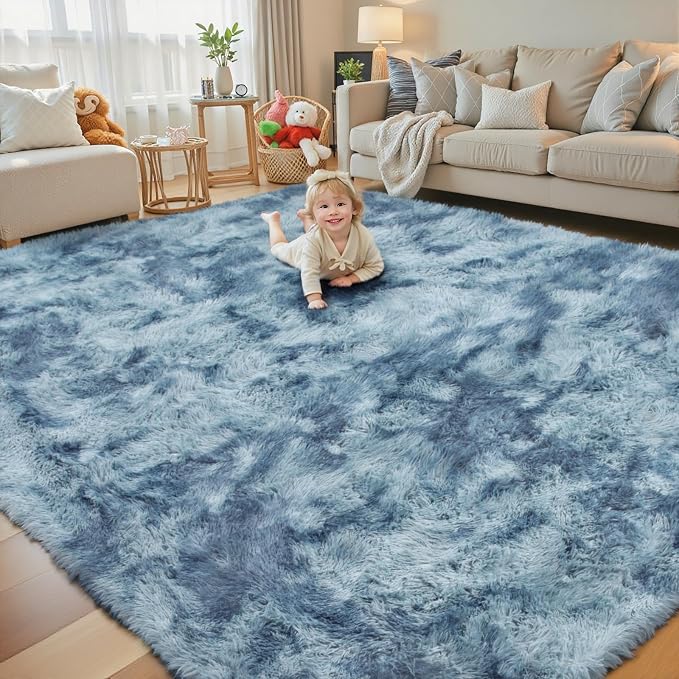 4x6 Area Rugs for Bedroom, Dark Blue Tie-Dyed Soft Fluffy Shag Bedside Rugs | - Image 8