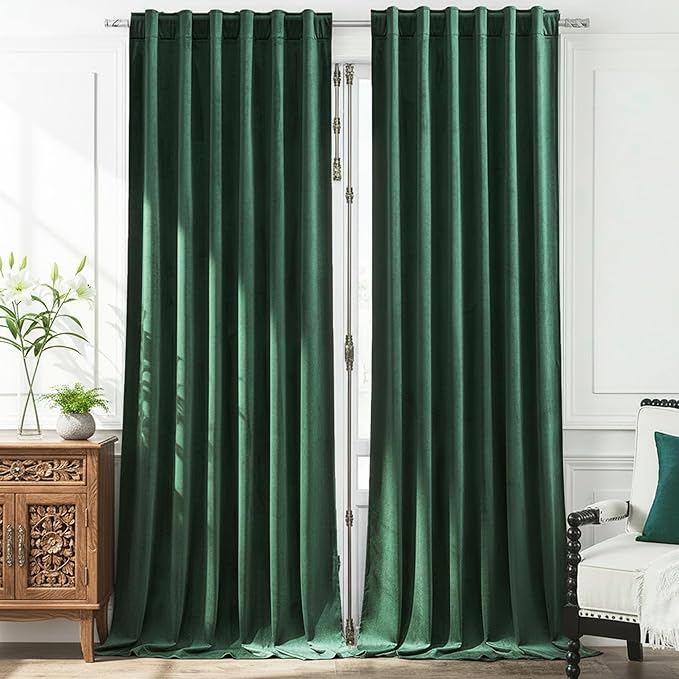 Timeper Green Velvet Curtains 90 inches 2 Panels, Back Tab & Rod Pocket by Timeper