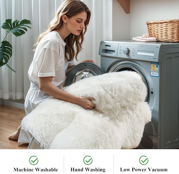 Cream White Fluffy 8x10 Large Area Rug, Soft Washable Shag Carpet | Cute plush - Image 5