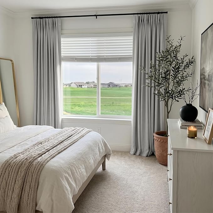 Pinch Pleated Full Blackout Faux Linen Curtains 80 Inches Long | Grey, 100% - Image 5