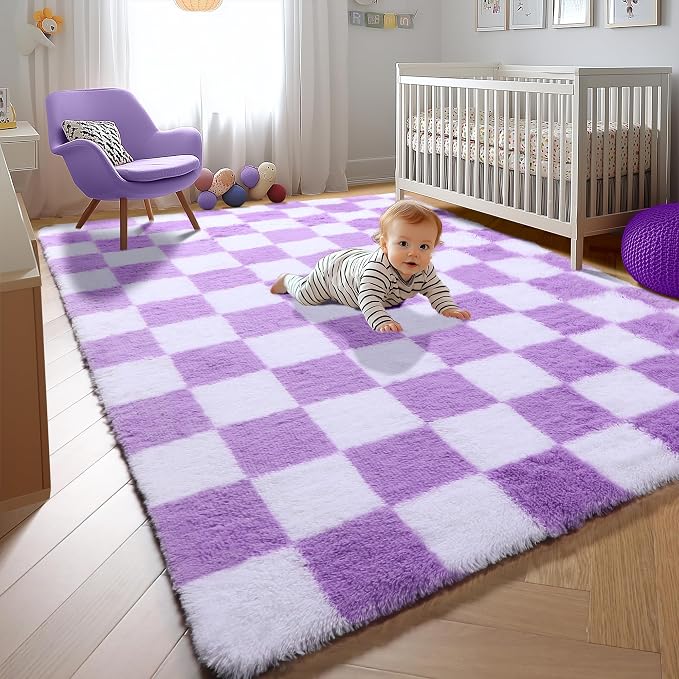 KICMOR Purple Rugs for Living Room Bedroom, 5x7 Fluffy Soft Checkered Area Rug - Image 5