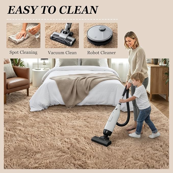 Area Rug Living Room Bedroom: 5x7 Fluffy Plush Shag Carpet Beige | - Image 8