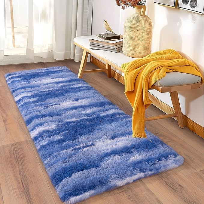 Soft Runner Rugs for Bedroom Hallways, 2x6 Abstract Blue White Fluffy Shag - Image 3