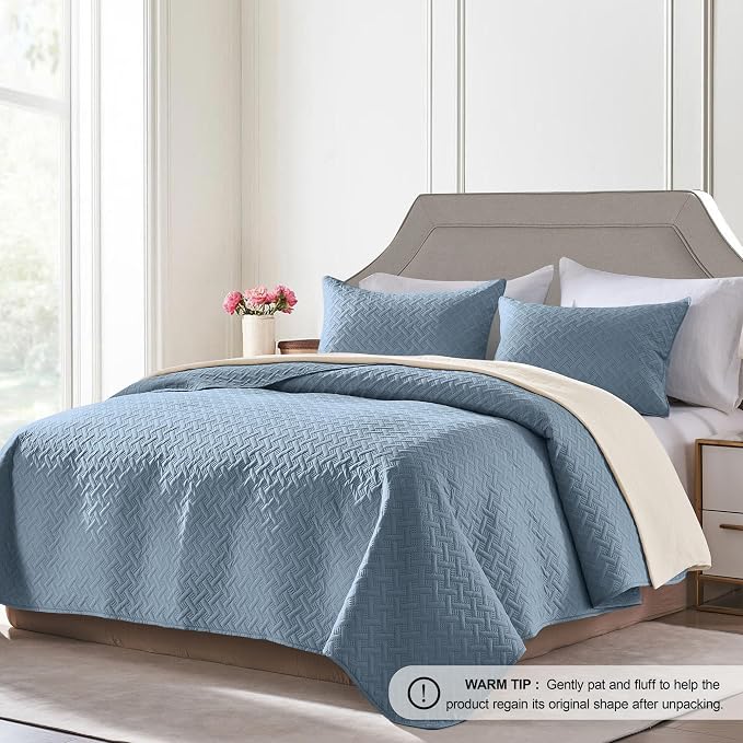 FLYMME Twin Quilt Set, Lightweight Dusty Blue Bedspreads, Basket Weave Pattern - Image 2