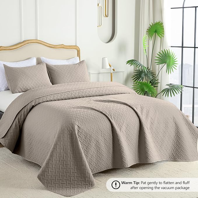 FLYMME Quilts Queen Size, Lightweight Taupe Bedspreads, Basket Weave Pattern - Image 2