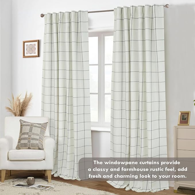DriftAway 100% Blackout Plaid Linen Curtains 108 Inches Long 2 Panels Black | - Image 9