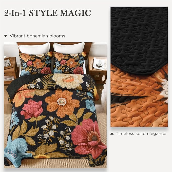 Quilt King Size, Colorful Floral Boho Summer Bedspread 3 Pieces | Golden Flower - Image 9