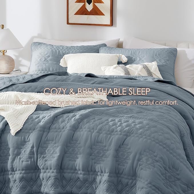 WDCOZY Boho Blue Grey Quilts Queen Size Bedding Sets - Image 6