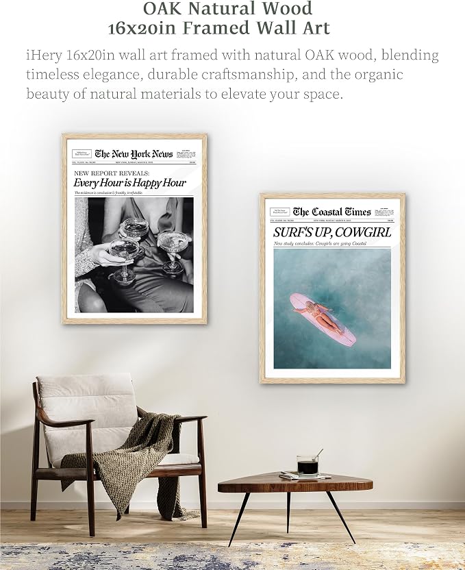 iHery 16x20in Every Hour Is Happy Hour Framed Newspaper Wall Art | Natural OAK - Image 5