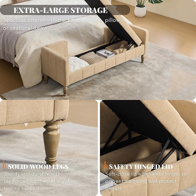 64.6" End of Bed Storage Bench for Bedroom, Sand. | Modern End of Bed Ottoman - Image 3