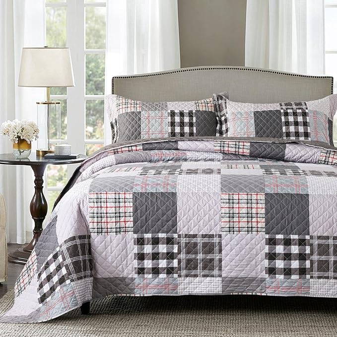 Quilt Set 3-Piece Oversized Quilted Bedspread Coverlet Set Grey European by Travan