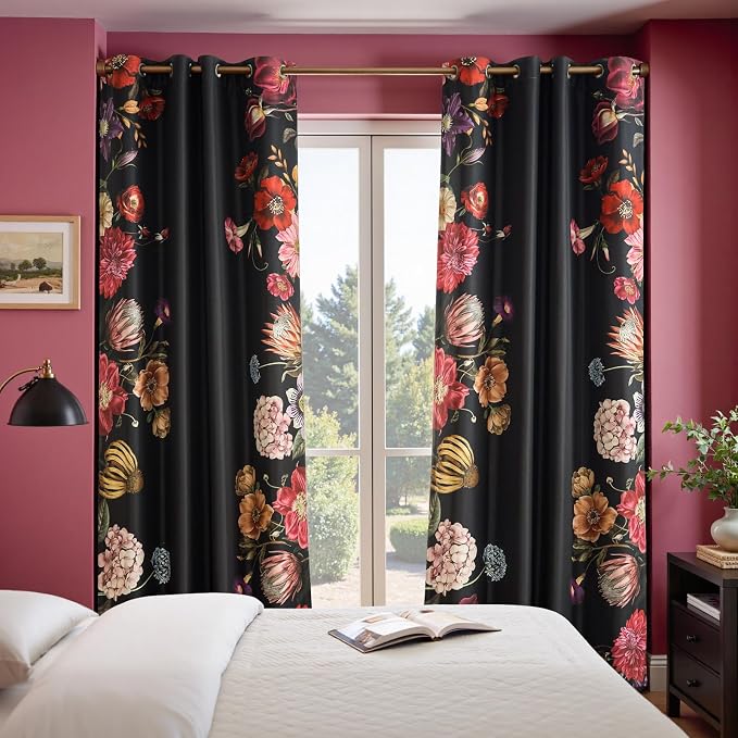 jinchan Black Floral Blackout Curtains 84 Inch Vintage Grommet 2 Panels | Room - Image 5