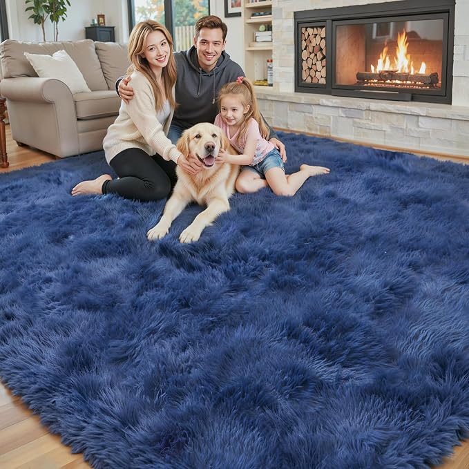 Area Rugs10x14 for Living Room, Royal Blue Large Shaggy Plush Furry Rug | Soft - Image 3