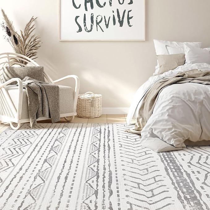 Nakagishi Boho 5x7 Area Rug Living Room Rugs Machine Washable Grey White | Soft - Image 6