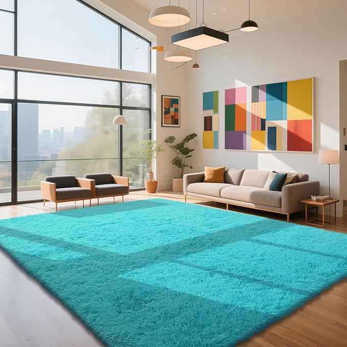 Teal Blue 10x14 Area Rugs for Bedroom, Fluffy Rugs Large Bedroom Carpet | by Yongyangjuxi