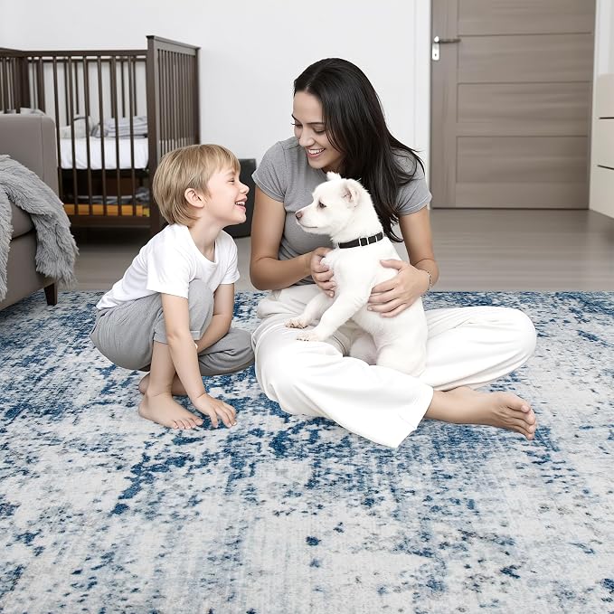 Area Rug Living Room: 5x5 Modern Washable Indoor Soft Carpet Blue | - Image 8