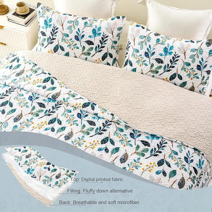 Whale Flotilla California King Size Quilt Set, Soft Floral Leaf Bedspreads | - Image 6