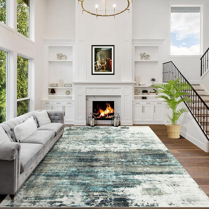 9x12 Area Rugs for Living Room: Washable Abstract Teal Green Badroom Carpet | by GENTDRIZZ
